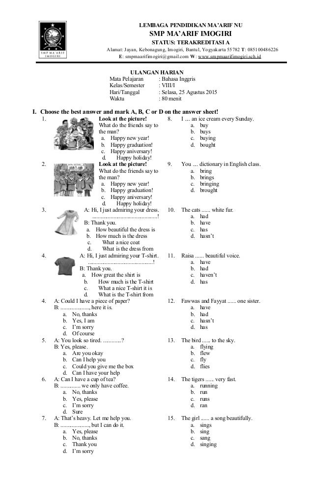 contoh soal mid semester 1 kelas 8 bahasa inggris