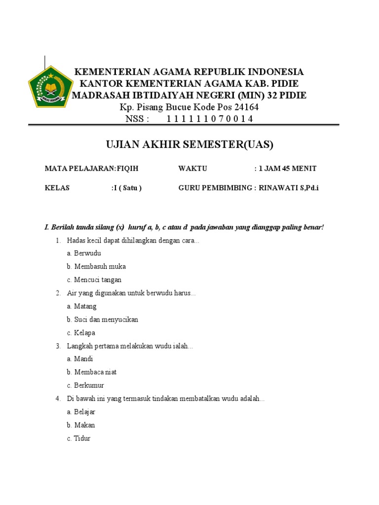 soal uts fiqih kelas 6 semester 1 kurikulum 2013