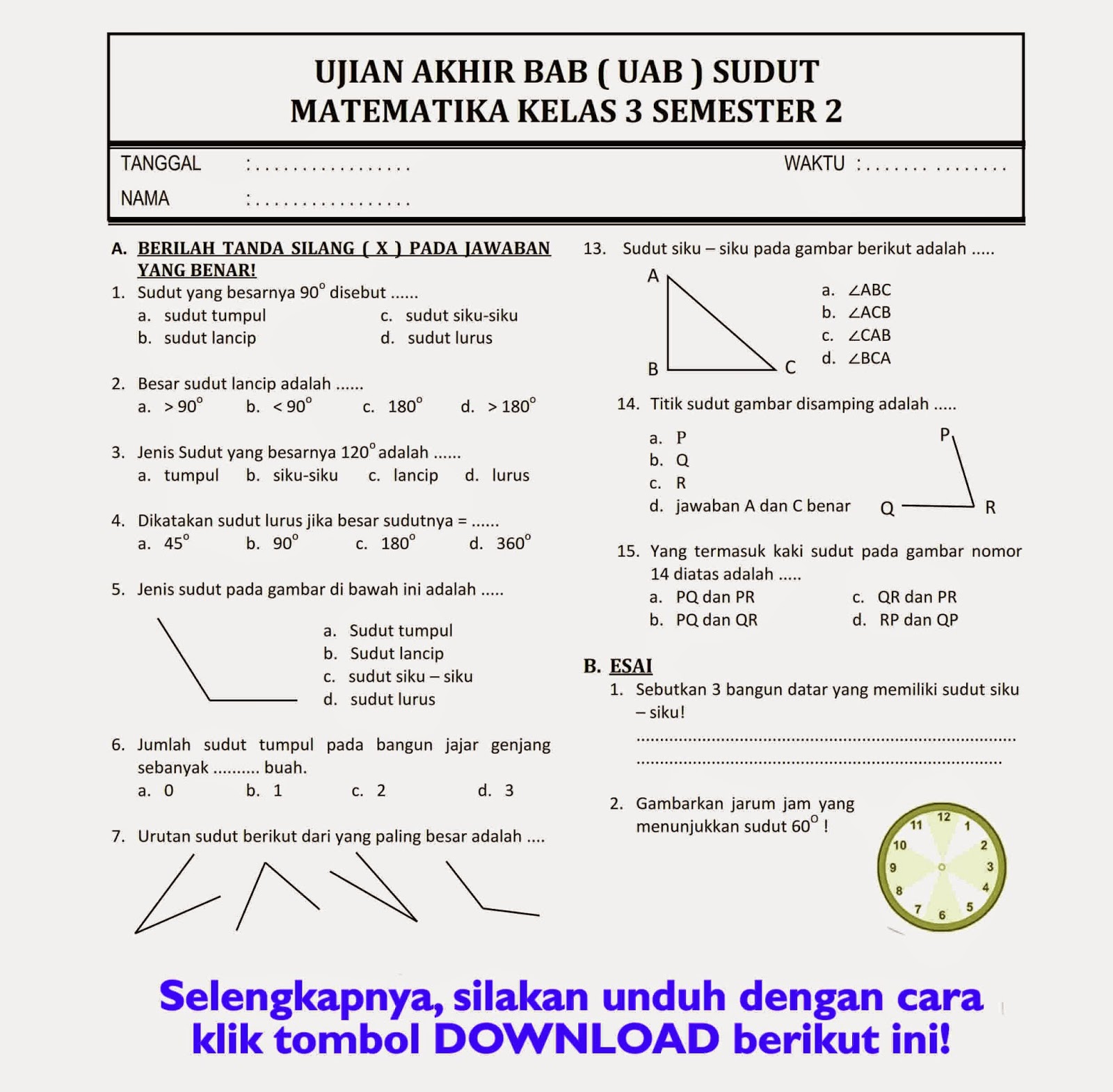 Download Soal Ulangan Akhir Kelas 3 Semester 2 KTSP PDF Lengkap dengan Kunci Jawaban Ujian Akhir Sesi