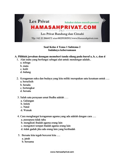 Soal Kelas 4 tema 1 subtema 2 Indahnya kebersamaan Soal Kelas 4 tema 1 subtema 2 Indahnya kebersamaan