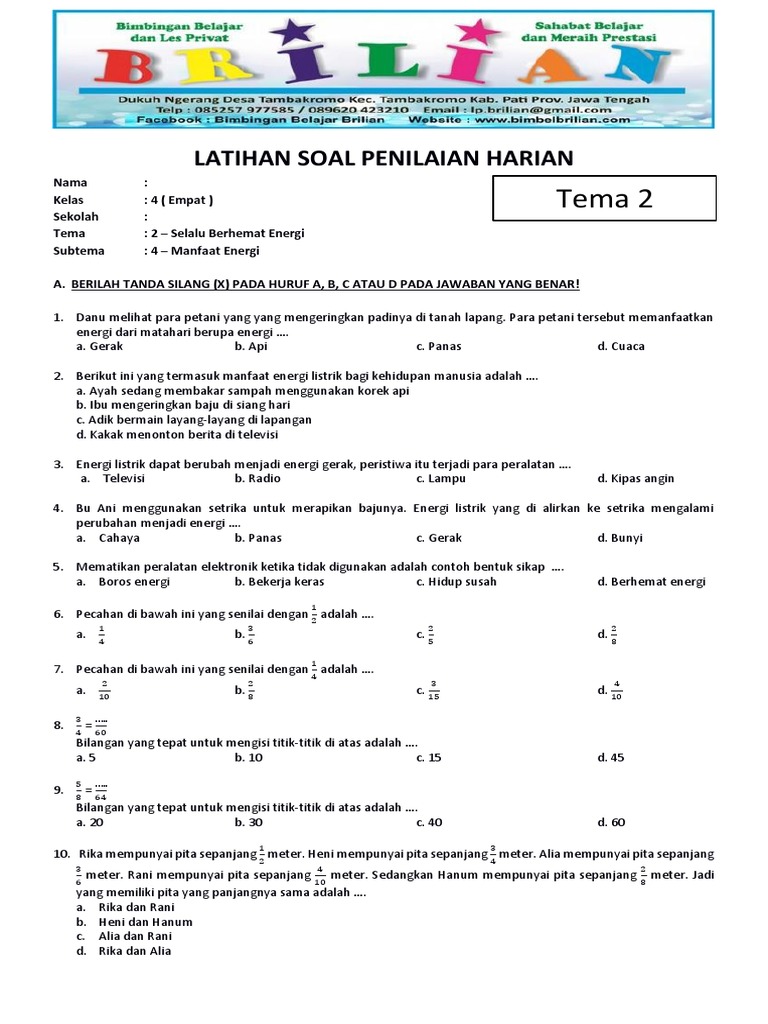 Soal Tematik Kelas 4 SD Tema 2 Subtema 2 Manfaat Energi Dan Kunci Soal Tematik Kelas 4 SD Tema 2 Subtema 2 Manfaat Energi Dan Kunci