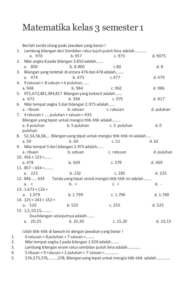 Akhirnya Tersedia Download Soal Ulangan Harian Kelas 3 SD Semester 1 KTSP Lengkap dengan Kunci Jawaban Matematika