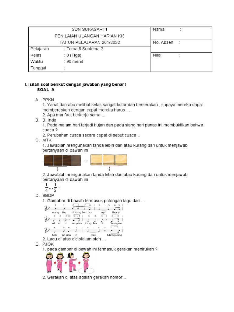 Soal Ulangan Harian Kelas 3 Tema 5 PDF Sains Matematika Soal Ulangan Harian Kelas 3 Tema 5 PDF Sains Matematika