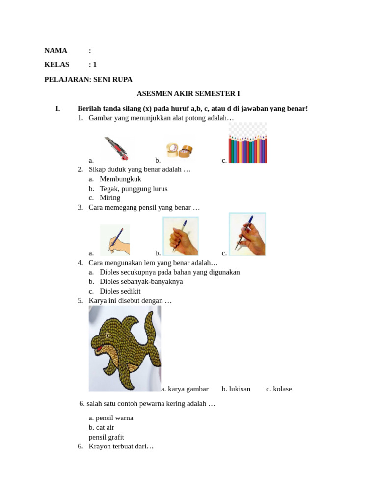 Soal Seni Rupa Kelas 1 UAS Semester I PDF