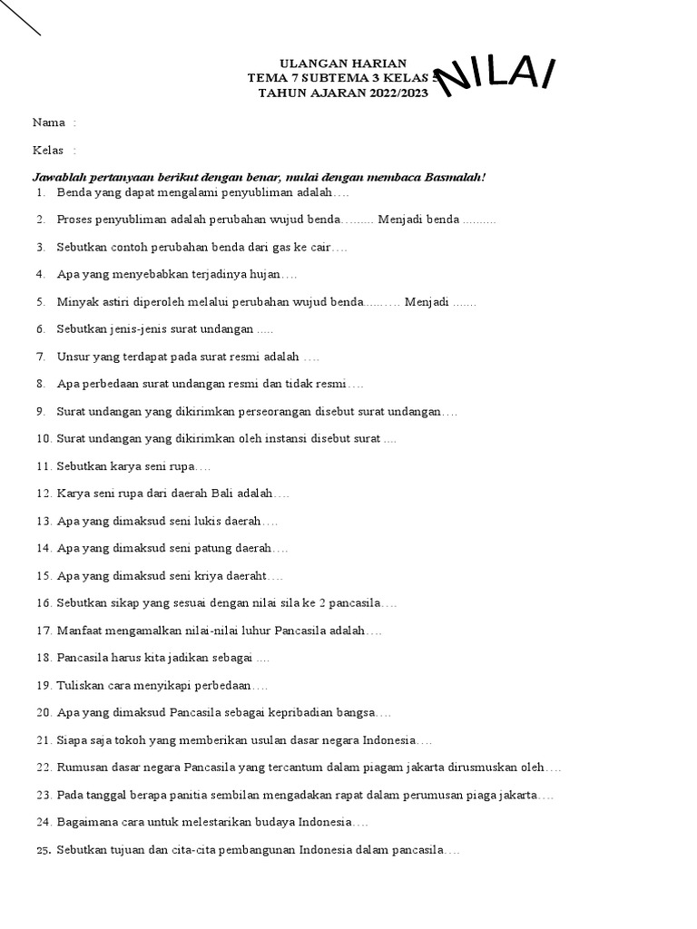 Download Soal Ulangan Harian Kelas 5 Tema 7 Subtema 3, Ternyata Ini Kunci Sukses Hadapi Ujian 2026