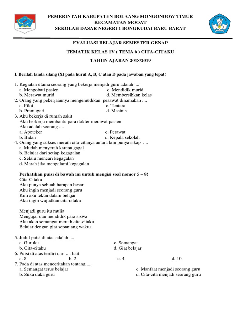 Latihan Soal Tema 6 Kelas 4 PDF Latihan Soal Tema 6 Kelas 4 PDF