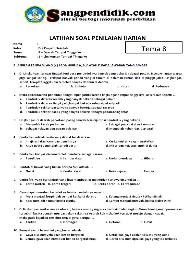 Terbukti Efektif! Kumpulan Soal Kelas 4 Tema 8 Sub Tema 1 Lengkap untuk Siap Ujian