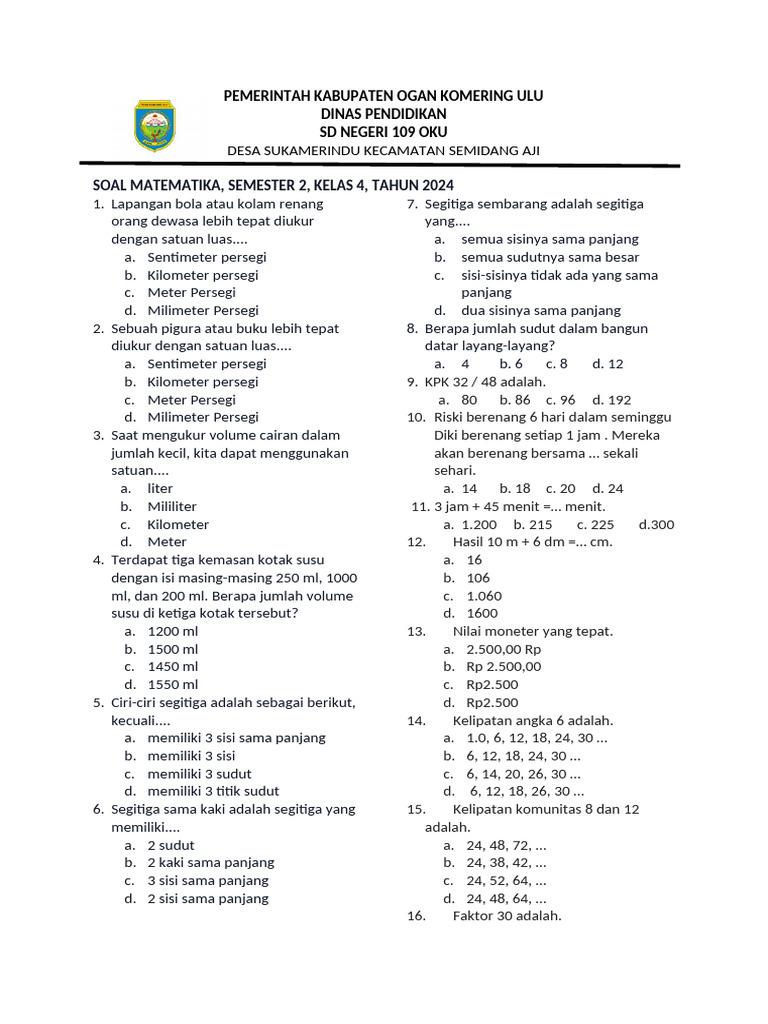 Soal Ujian Kelas 4 Semester 2 PDF Soal Ujian Kelas 4 Semester 2 PDF