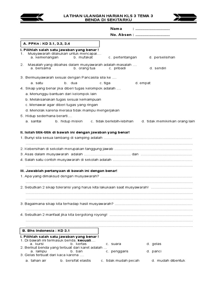 Soal Ulangan Harian Kelas 3 PDF Soal Ulangan Harian Kelas 3 PDF