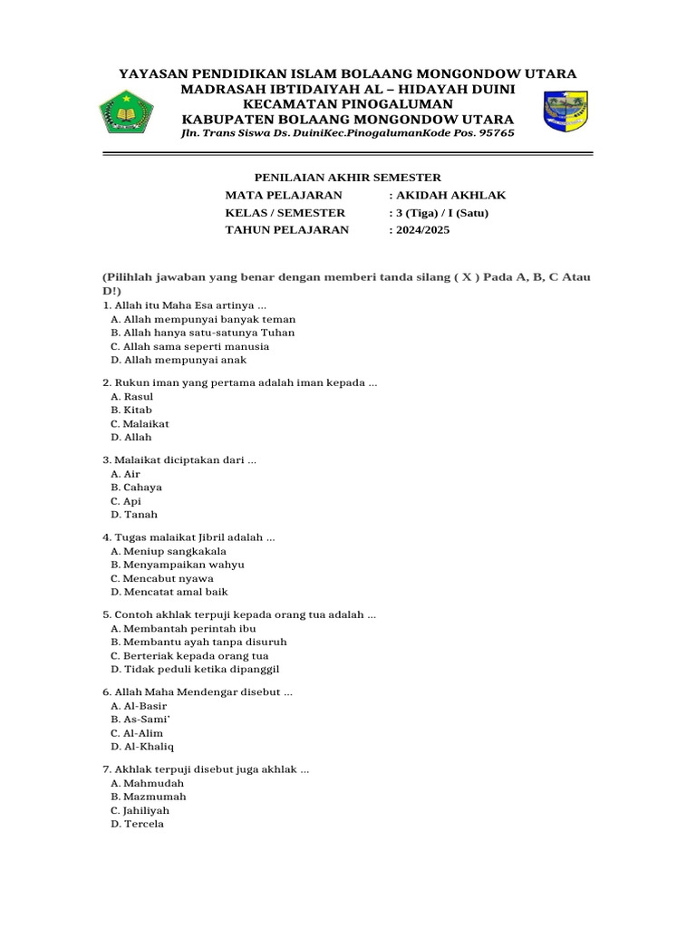 Soal Akidah Akhlak Kelas 3 Semester Ganjil PDF Soal Akidah Akhlak Kelas 3 Semester Ganjil PDF