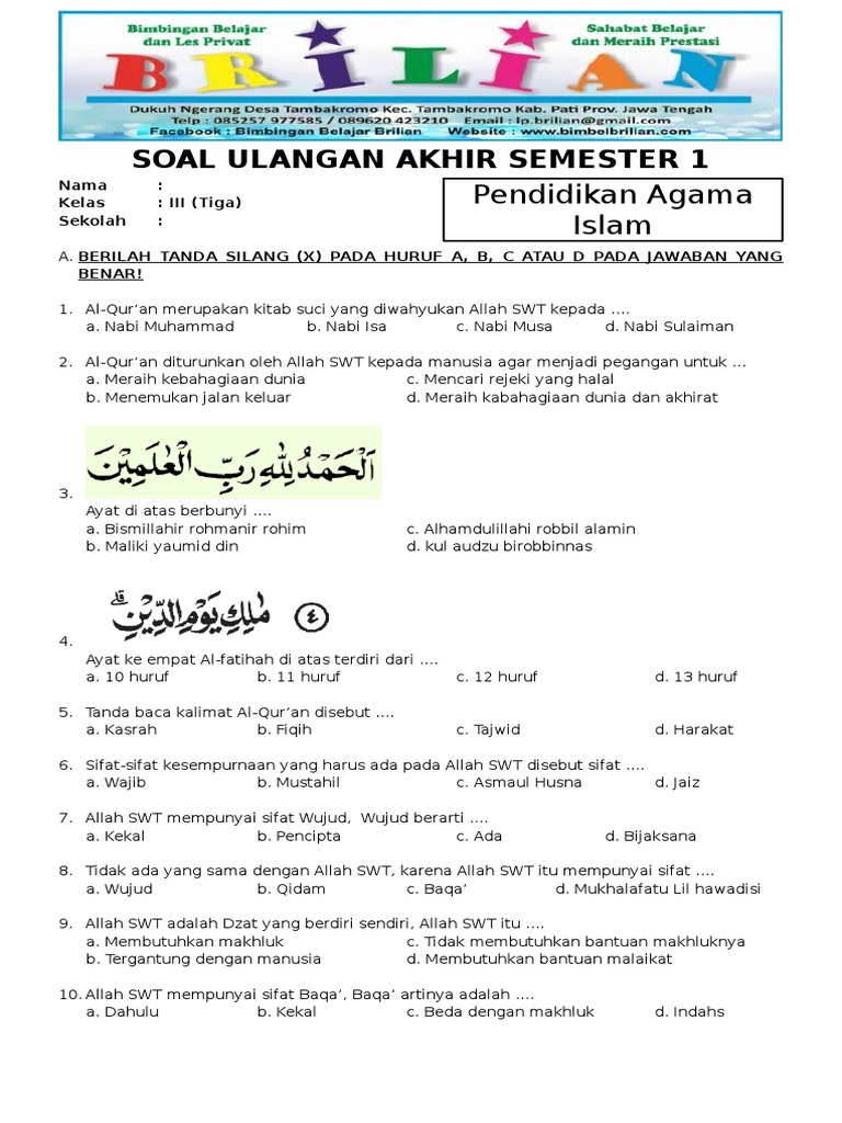 download soal ulangan harian kelas 3 semester 1 agama 2019